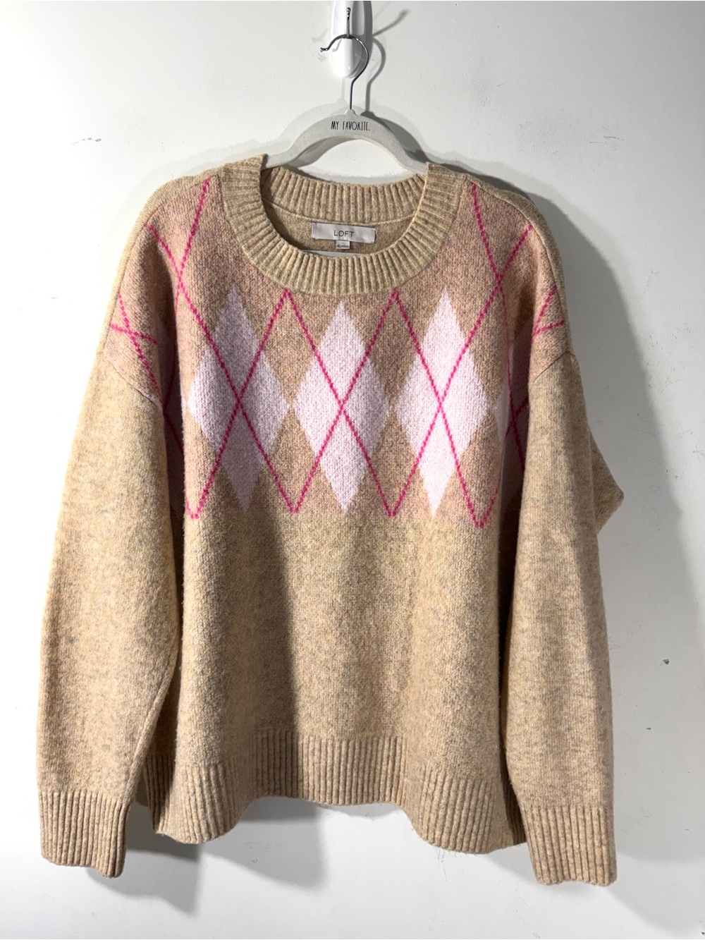 LOFT crew neck argyle sweater XL tan preppy